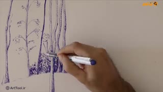 آموزش نقاشی درخت جنگلی با خودکار